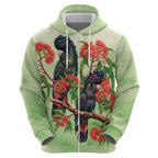 Australia Black Cockatoo and Eucalyptus Zip Hoodie Green Spirit of Aussie Native Bird - Aussie Hoodie