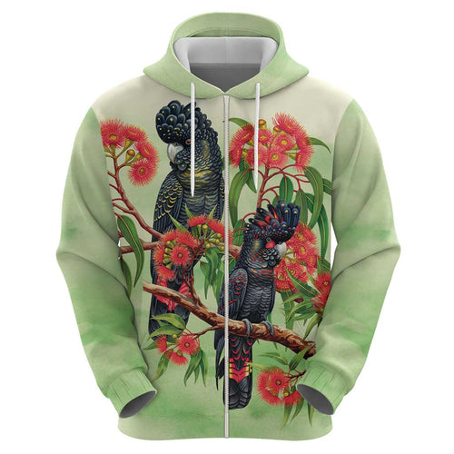 Australia Black Cockatoo and Eucalyptus Zip Hoodie Green Spirit of Aussie Native Bird - Aussie Hoodie