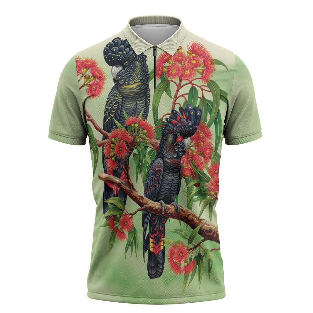 Australia Black Cockatoo and Eucalyptus Zipper Polo Shirt Green Spirit of Aussie Native Bird - Aussie Hoodie