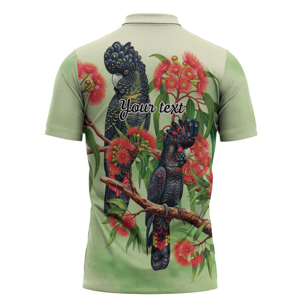 Australia Black Cockatoo and Eucalyptus Zipper Polo Shirt Green Spirit of Aussie Native Bird - Aussie Hoodie