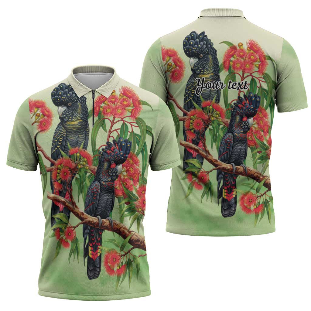 Australia Black Cockatoo and Eucalyptus Zipper Polo Shirt Green Spirit of Aussie Native Bird - Aussie Hoodie