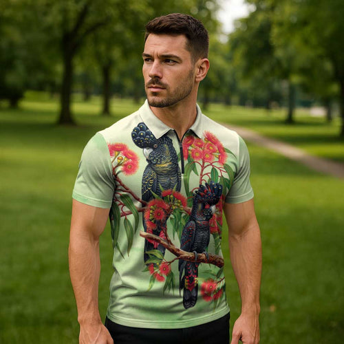 Australia Black Cockatoo and Eucalyptus Zipper Polo Shirt Green Spirit of Aussie Native Bird - Aussie Hoodie