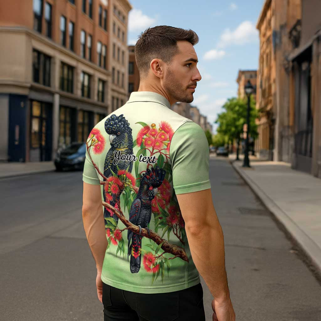 Australia Black Cockatoo and Eucalyptus Zipper Polo Shirt Green Spirit of Aussie Native Bird - Aussie Hoodie
