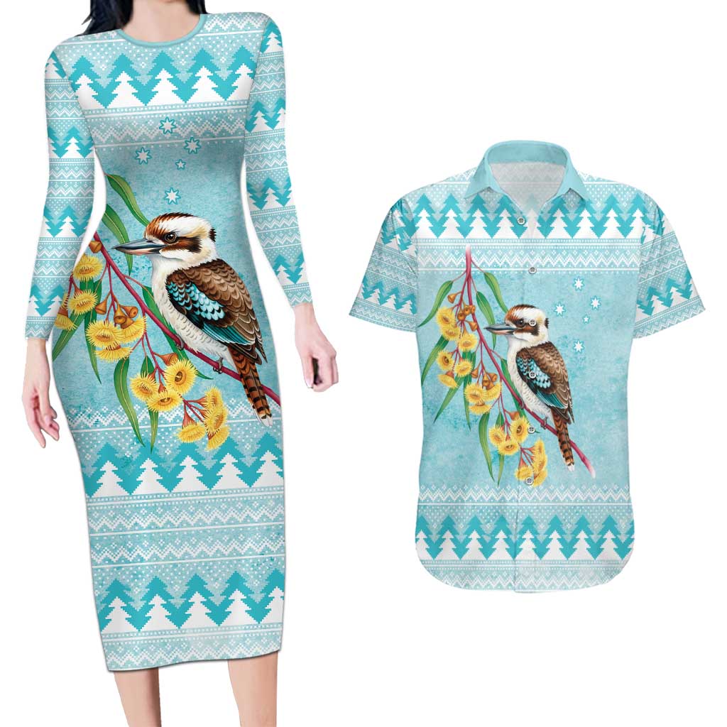 Australia Kookaburra and Eucalyptus Couples Matching Long Sleeve Bodycon Dress and Hawaiian Shirt Christmas Vibe - Aussie Hoodie