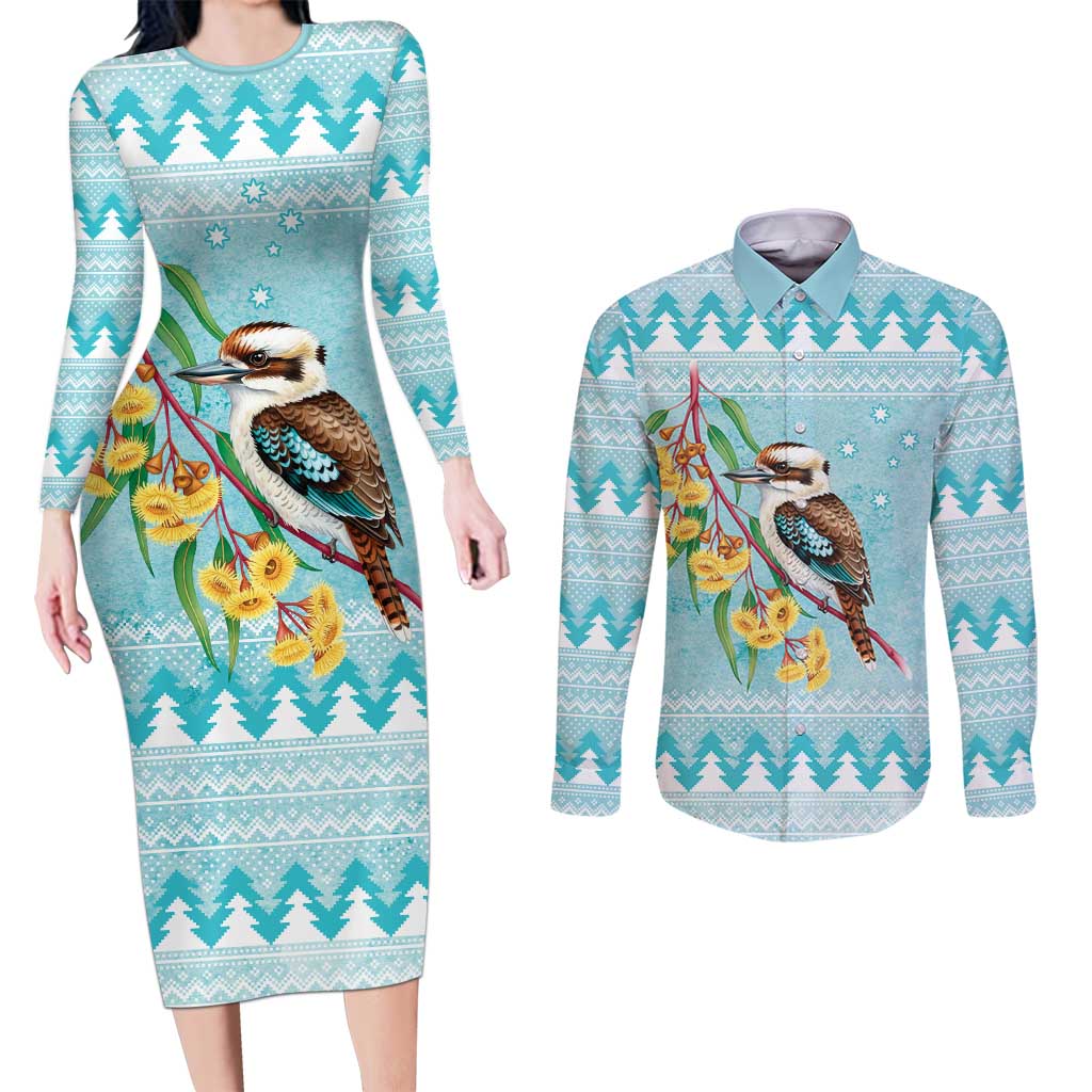 Australia Kookaburra and Eucalyptus Couples Matching Long Sleeve Bodycon Dress and Long Sleeve Button Shirt Christmas Vibe - Aussie Hoodie