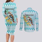 Australia Kookaburra and Eucalyptus Couples Matching Long Sleeve Bodycon Dress and Long Sleeve Button Shirt Christmas Vibe - Aussie Hoodie