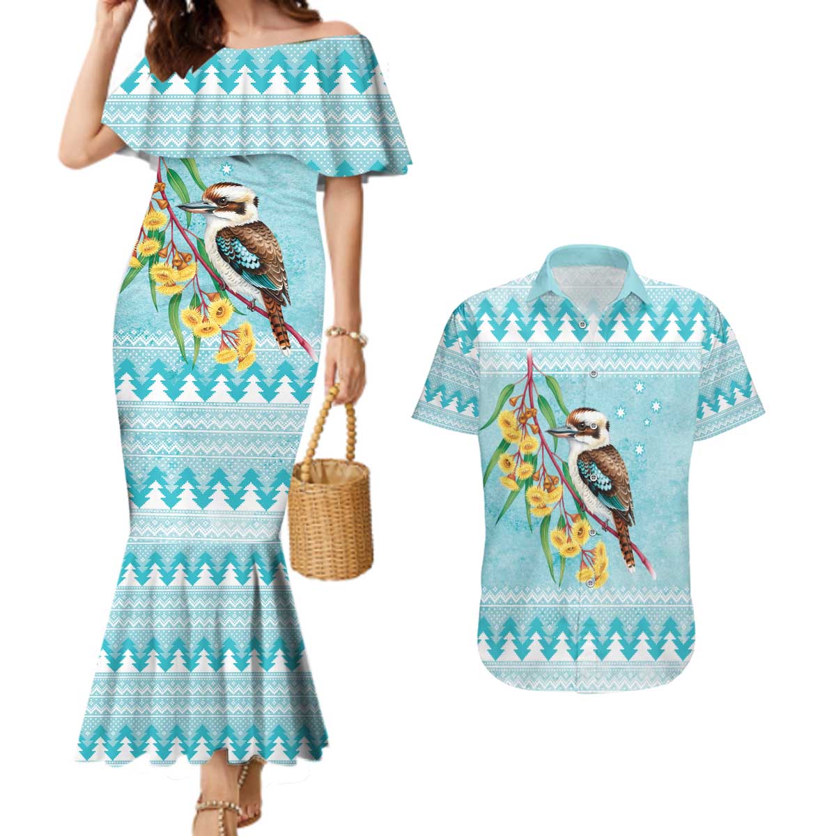 Australia Kookaburra and Eucalyptus Couples Matching Mermaid Dress and Hawaiian Shirt Christmas Vibe - Aussie Hoodie