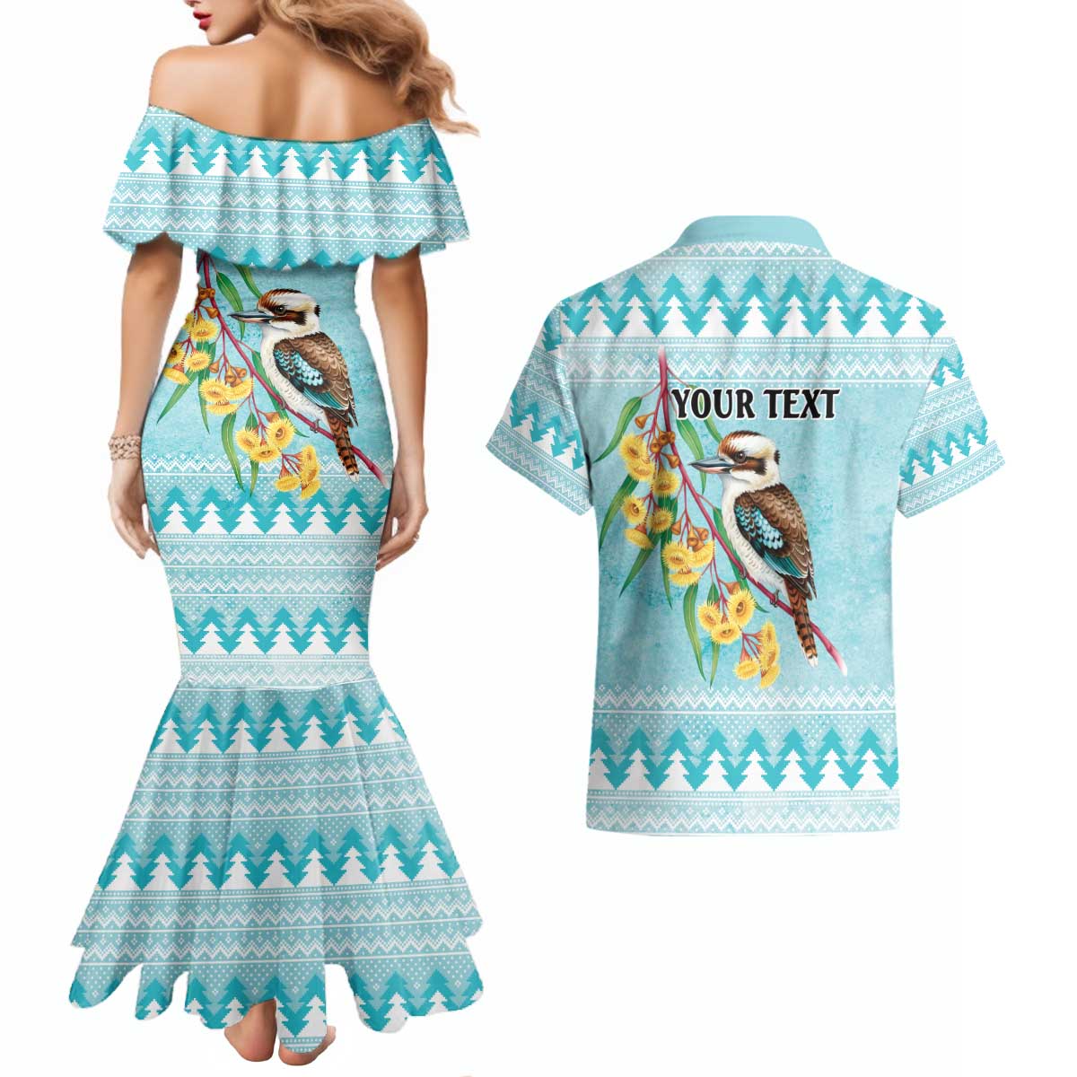 Australia Kookaburra and Eucalyptus Couples Matching Mermaid Dress and Hawaiian Shirt Christmas Vibe - Aussie Hoodie