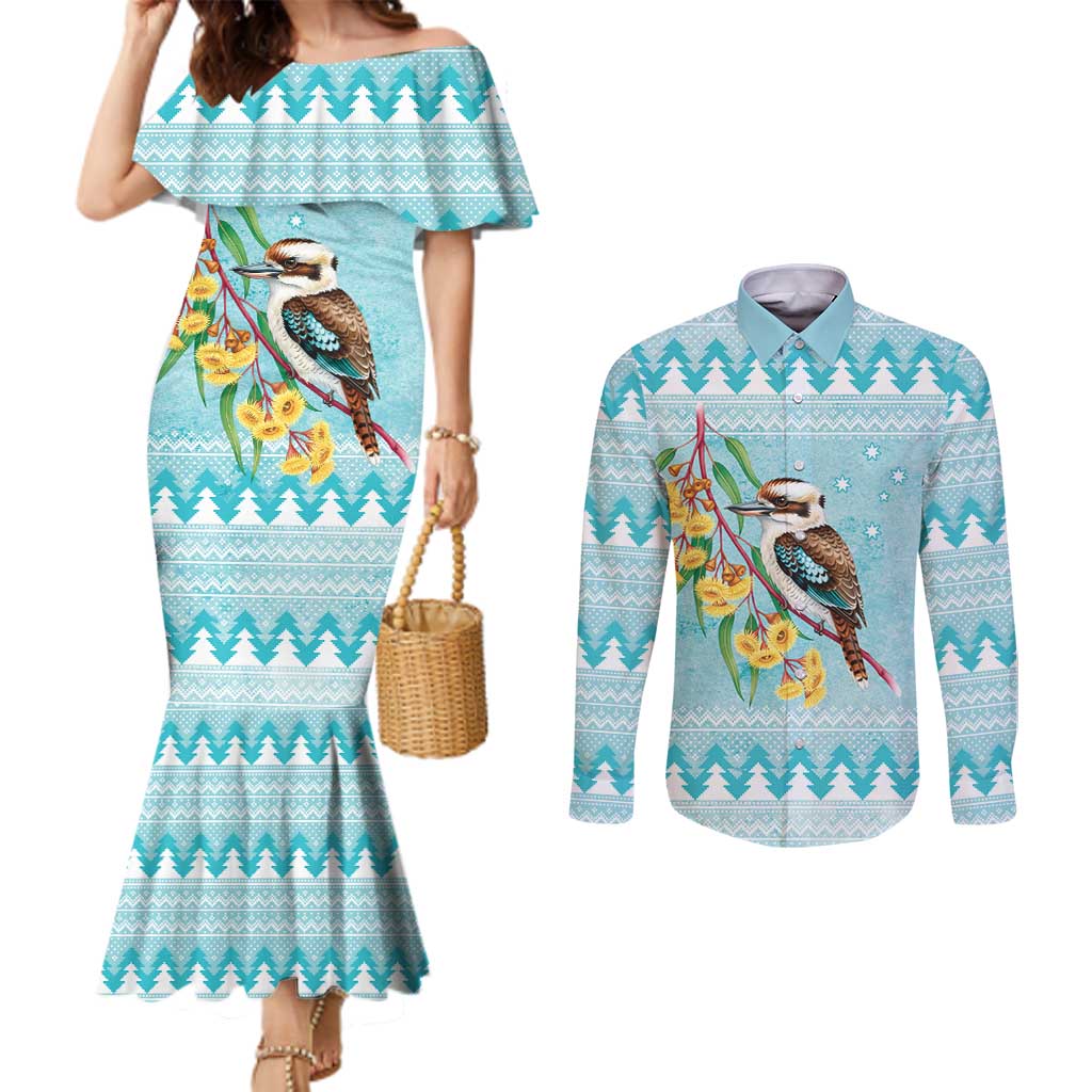Australia Kookaburra and Eucalyptus Couples Matching Mermaid Dress and Long Sleeve Button Shirt Christmas Vibe - Aussie Hoodie