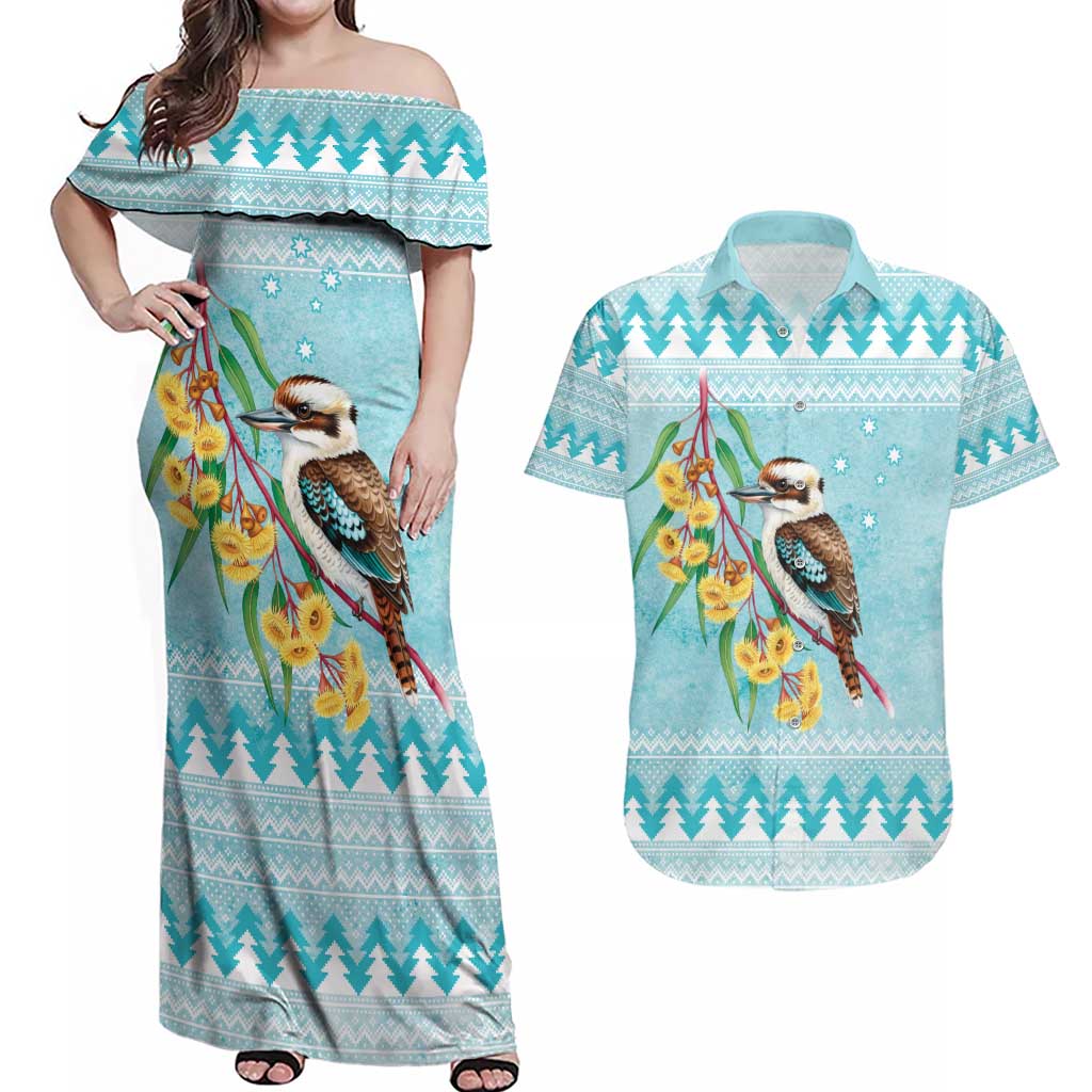 Australia Kookaburra and Eucalyptus Couples Matching Off Shoulder Maxi Dress and Hawaiian Shirt Christmas Vibe - Aussie Hoodie