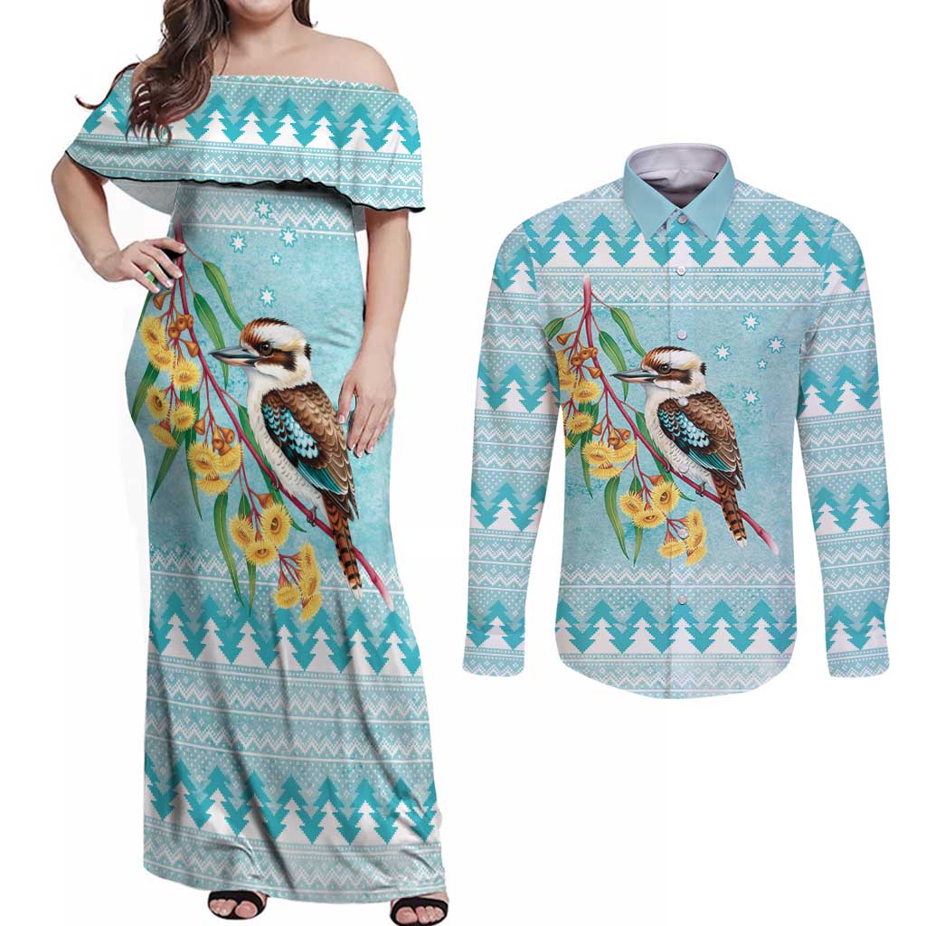 Australia Kookaburra and Eucalyptus Couples Matching Off Shoulder Maxi Dress and Long Sleeve Button Shirt Christmas Vibe - Aussie Hoodie