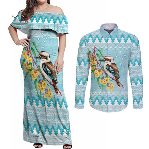 Australia Kookaburra and Eucalyptus Couples Matching Off Shoulder Maxi Dress and Long Sleeve Button Shirt Christmas Vibe - Aussie Hoodie