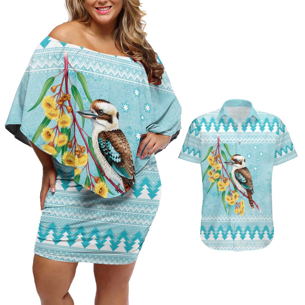 Australia Kookaburra and Eucalyptus Couples Matching Off Shoulder Short Dress and Hawaiian Shirt Christmas Vibe - Aussie Hoodie