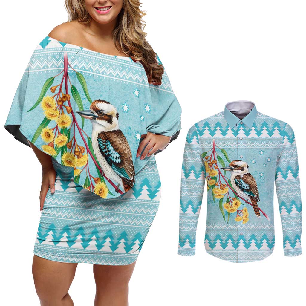 Australia Kookaburra and Eucalyptus Couples Matching Off Shoulder Short Dress and Long Sleeve Button Shirt Christmas Vibe - Aussie Hoodie