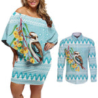Australia Kookaburra and Eucalyptus Couples Matching Off Shoulder Short Dress and Long Sleeve Button Shirt Christmas Vibe - Aussie Hoodie