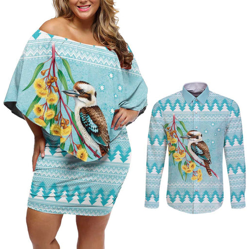 Australia Kookaburra and Eucalyptus Couples Matching Off Shoulder Short Dress and Long Sleeve Button Shirt Christmas Vibe - Aussie Hoodie