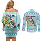 Australia Kookaburra and Eucalyptus Couples Matching Off Shoulder Short Dress and Long Sleeve Button Shirt Christmas Vibe - Aussie Hoodie