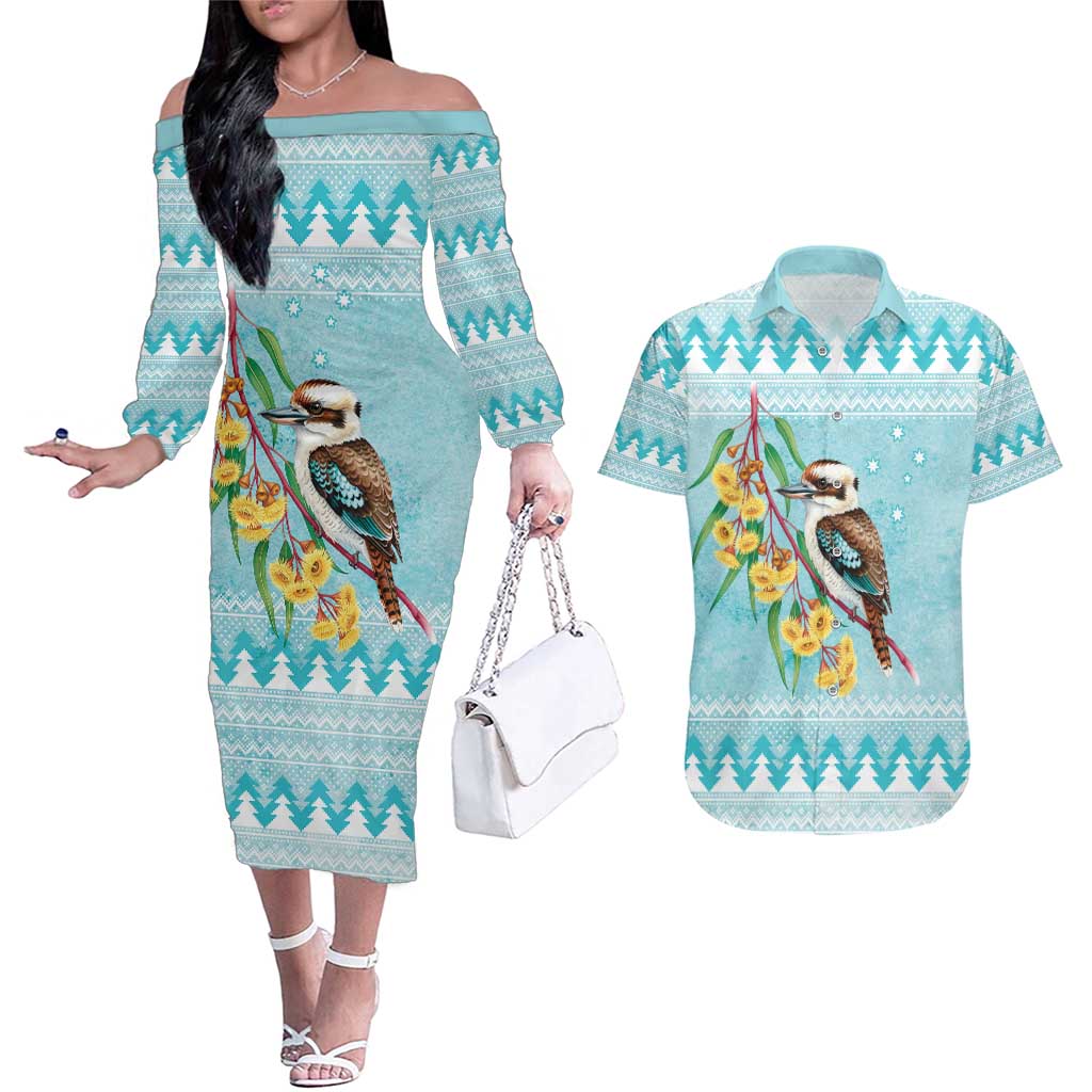Australia Kookaburra and Eucalyptus Couples Matching Off The Shoulder Long Sleeve Dress and Hawaiian Shirt Christmas Vibe - Aussie Hoodie