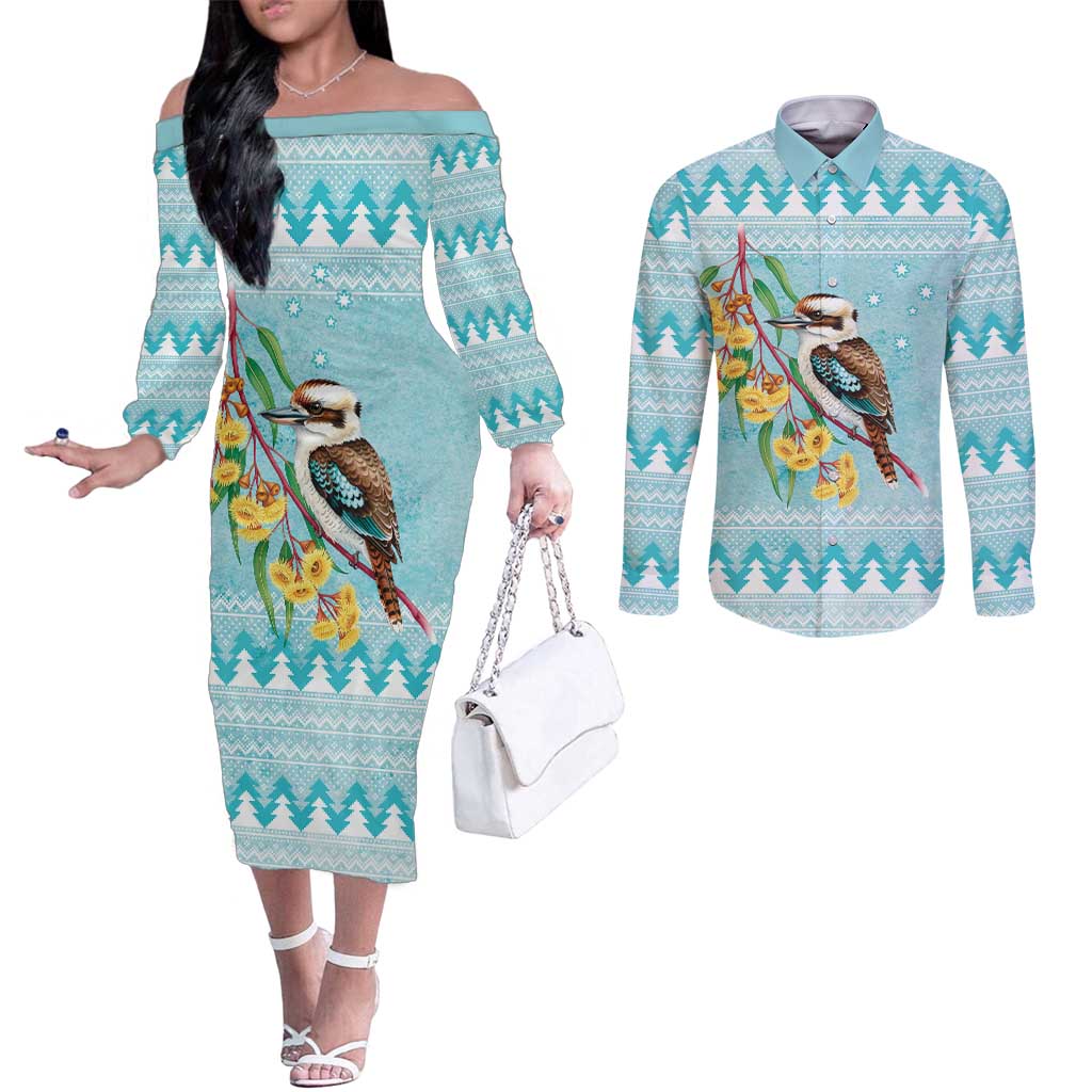 Australia Kookaburra and Eucalyptus Couples Matching Off The Shoulder Long Sleeve Dress and Long Sleeve Button Shirt Christmas Vibe - Aussie Hoodie