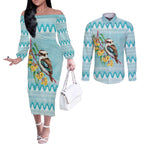 Australia Kookaburra and Eucalyptus Couples Matching Off The Shoulder Long Sleeve Dress and Long Sleeve Button Shirt Christmas Vibe - Aussie Hoodie