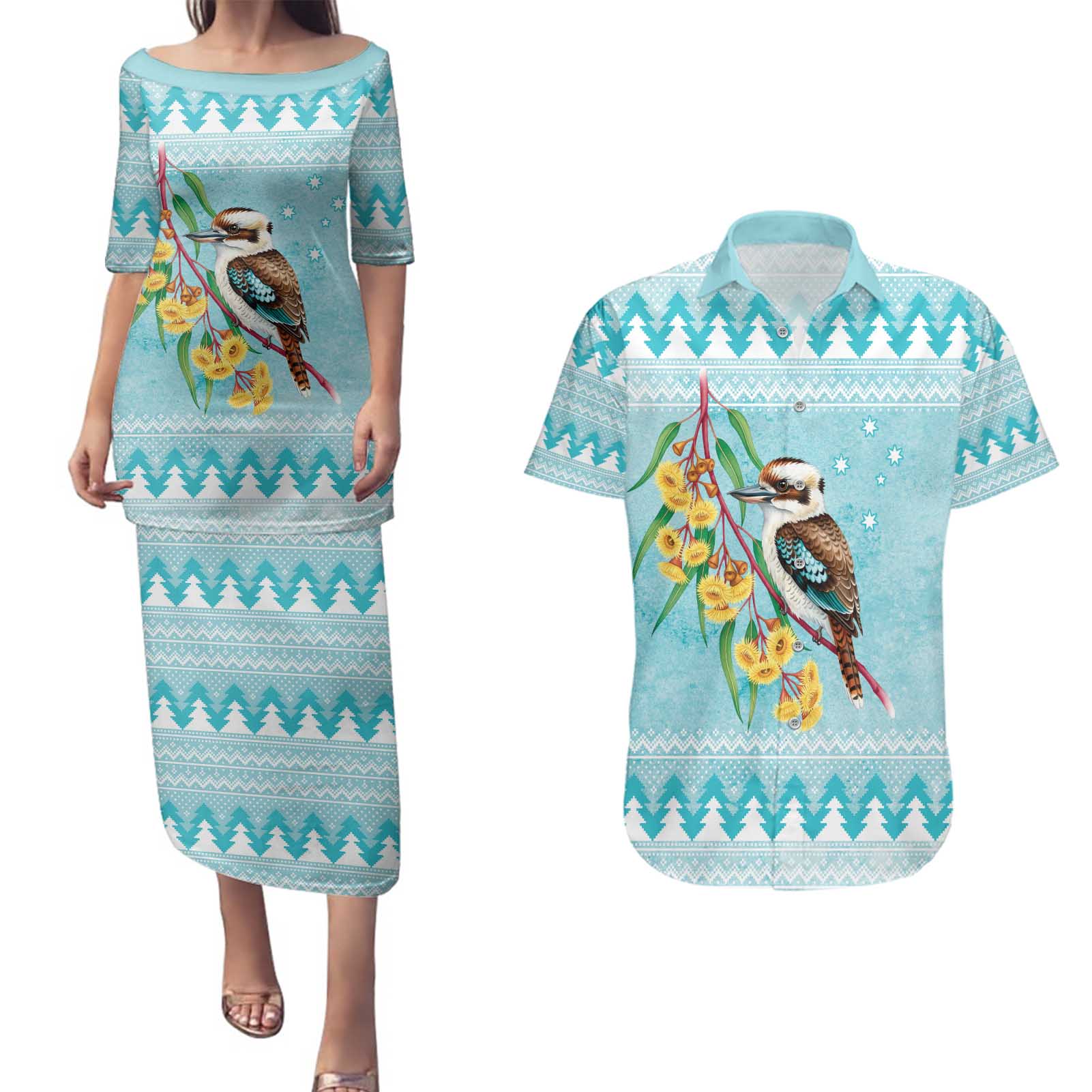 Australia Kookaburra and Eucalyptus Couples Matching Puletasi and Hawaiian Shirt Christmas Vibe - Aussie Hoodie