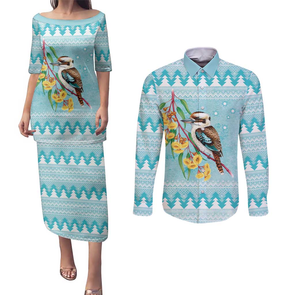 Australia Kookaburra and Eucalyptus Couples Matching Puletasi and Long Sleeve Button Shirt Christmas Vibe - Aussie Hoodie