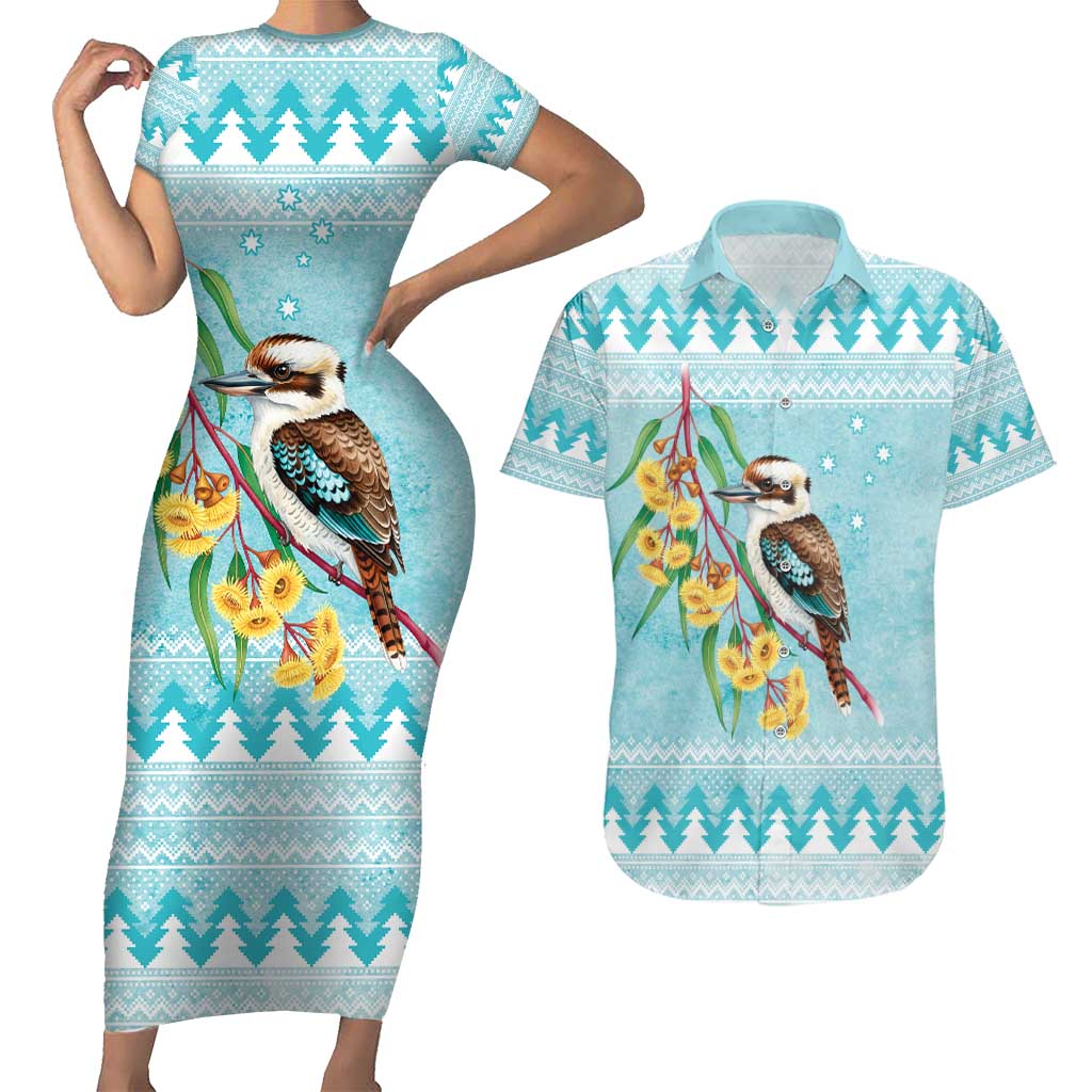 Australia Kookaburra and Eucalyptus Couples Matching Short Sleeve Bodycon Dress and Hawaiian Shirt Christmas Vibe - Aussie Hoodie