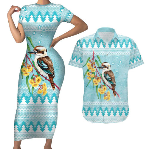 Australia Kookaburra and Eucalyptus Couples Matching Short Sleeve Bodycon Dress and Hawaiian Shirt Christmas Vibe - Aussie Hoodie