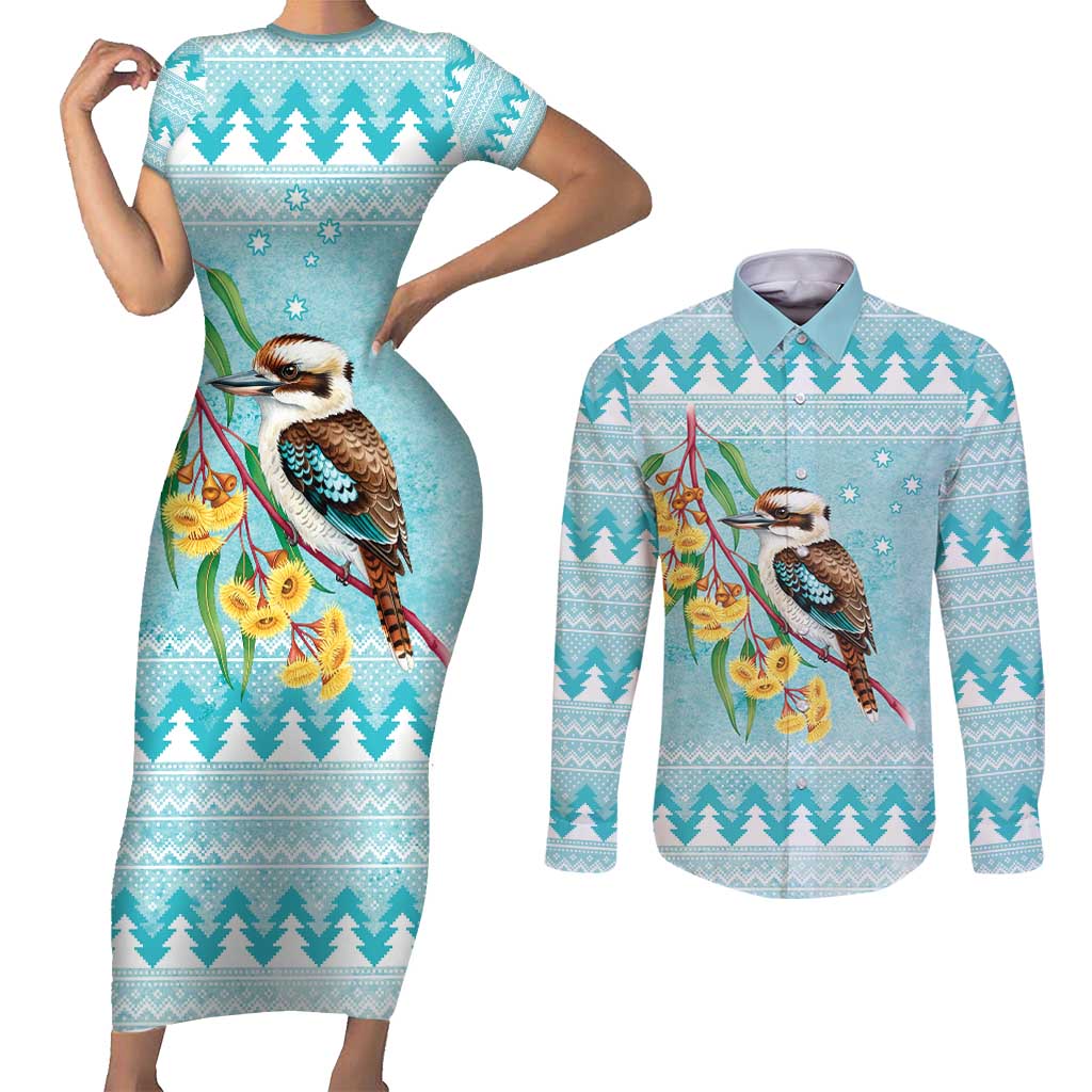 Australia Kookaburra and Eucalyptus Couples Matching Short Sleeve Bodycon Dress and Long Sleeve Button Shirt Christmas Vibe - Aussie Hoodie
