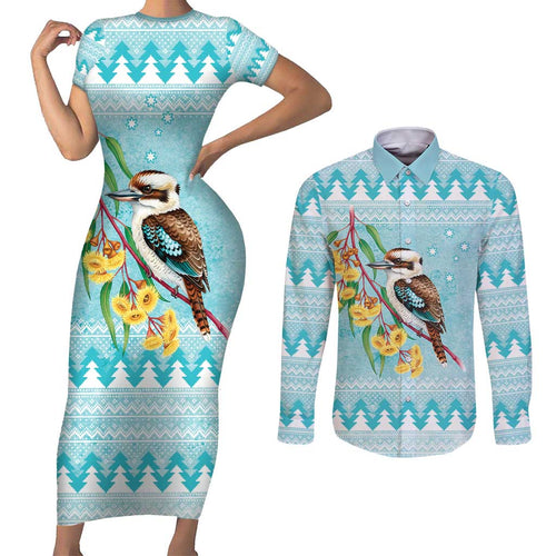 Australia Kookaburra and Eucalyptus Couples Matching Short Sleeve Bodycon Dress and Long Sleeve Button Shirt Christmas Vibe - Aussie Hoodie