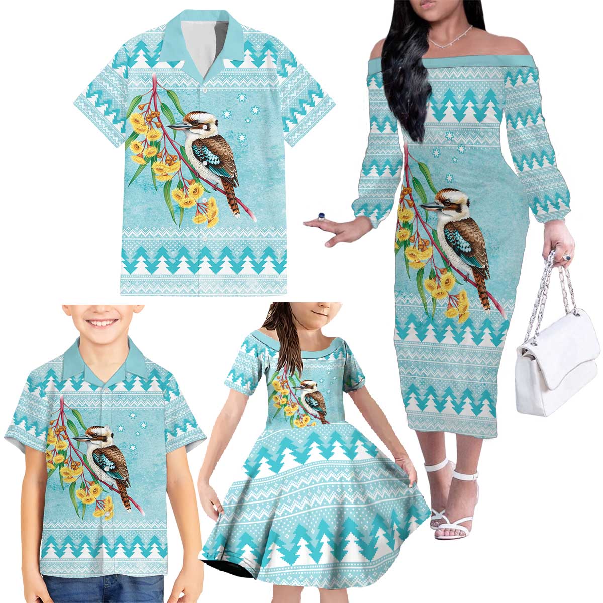 Australia Kookaburra and Eucalyptus Family Matching Off The Shoulder Long Sleeve Dress and Hawaiian Shirt Christmas Vibe - Aussie Hoodie
