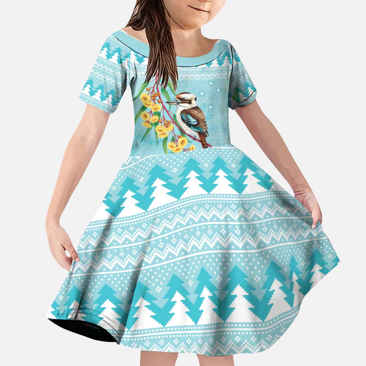 Australia Kookaburra and Eucalyptus Kid Short Sleeve Dress Christmas Vibe - Aussie Hoodie