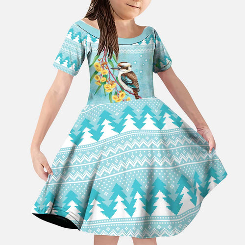 Australia Kookaburra and Eucalyptus Kid Short Sleeve Dress Christmas Vibe - Aussie Hoodie