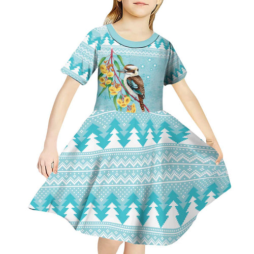 Australia Kookaburra and Eucalyptus Kid Short Sleeve Dress Christmas Vibe - Aussie Hoodie