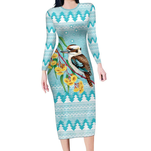 Australia Kookaburra and Eucalyptus Long Sleeve Bodycon Dress Christmas Vibe - Aussie Hoodie