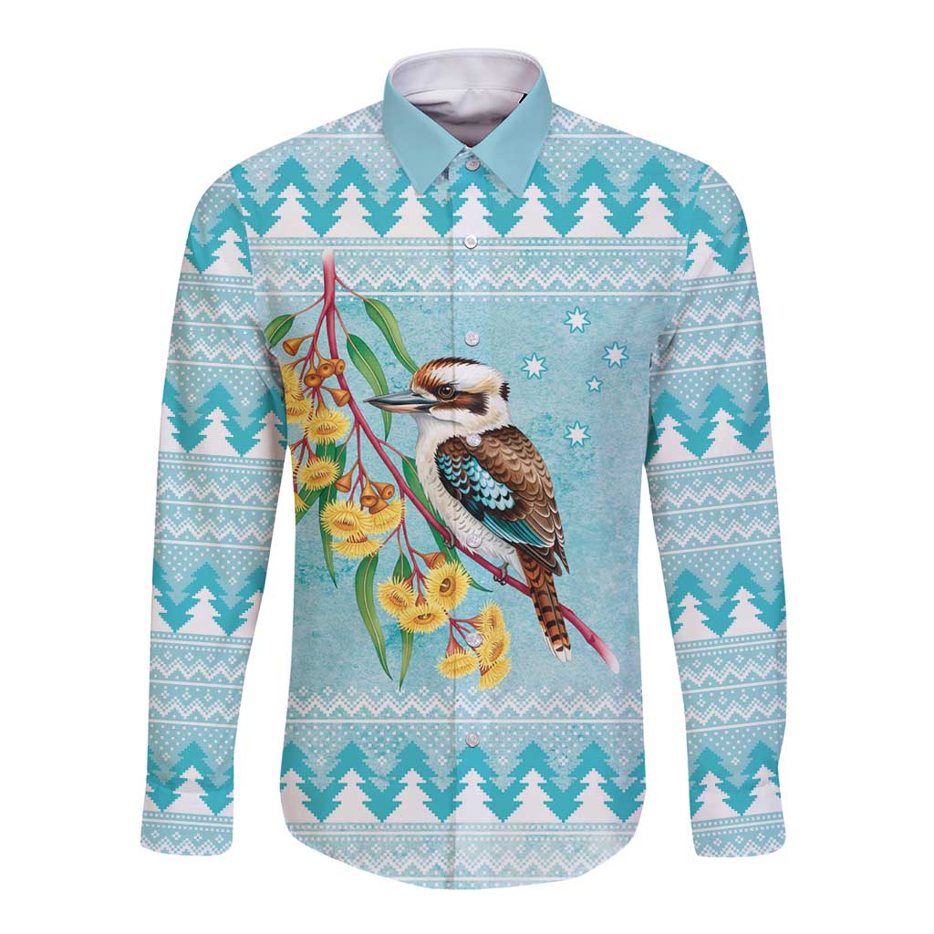 Australia Kookaburra and Eucalyptus Long Sleeve Button Shirt Christmas Vibe - Aussie Hoodie