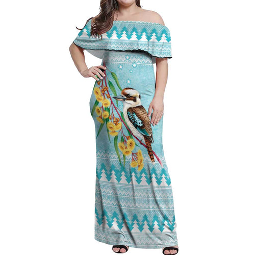 Australia Kookaburra and Eucalyptus Off Shoulder Maxi Dress Christmas Vibe - Aussie Hoodie