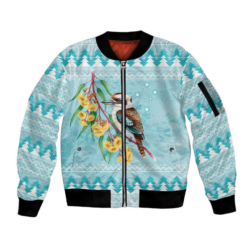 Australia Kookaburra and Eucalyptus Sleeve Zip Bomber Jacket Christmas Vibe - Aussie Hoodie