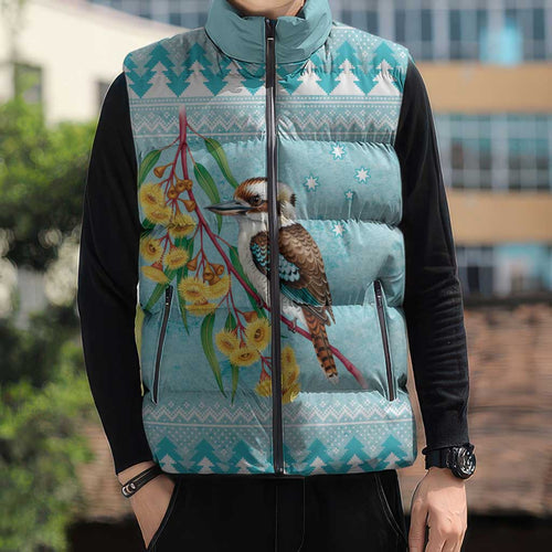 Australia Kookaburra and Eucalyptus Sleeveless Puffer Jacket Christmas Vibe - Aussie Hoodie