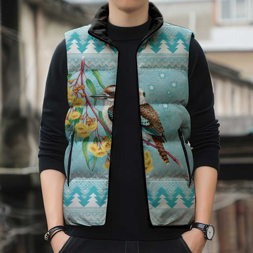 Australia Kookaburra and Eucalyptus Sleeveless Puffer Jacket Christmas Vibe - Aussie Hoodie