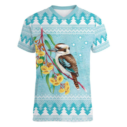 Australia Kookaburra and Eucalyptus Women V-Neck T-Shirt Christmas Vibe - Aussie Hoodie