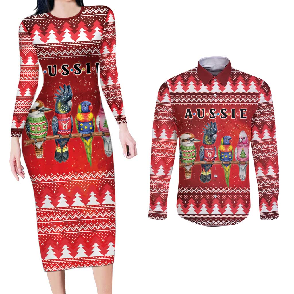 Australian Native Bird Couples Matching Long Sleeve Bodycon Dress and Long Sleeve Button Shirt Kookaburra Black Cockatoo Rainbow Lorikeet Galah - Aussie Hoodie