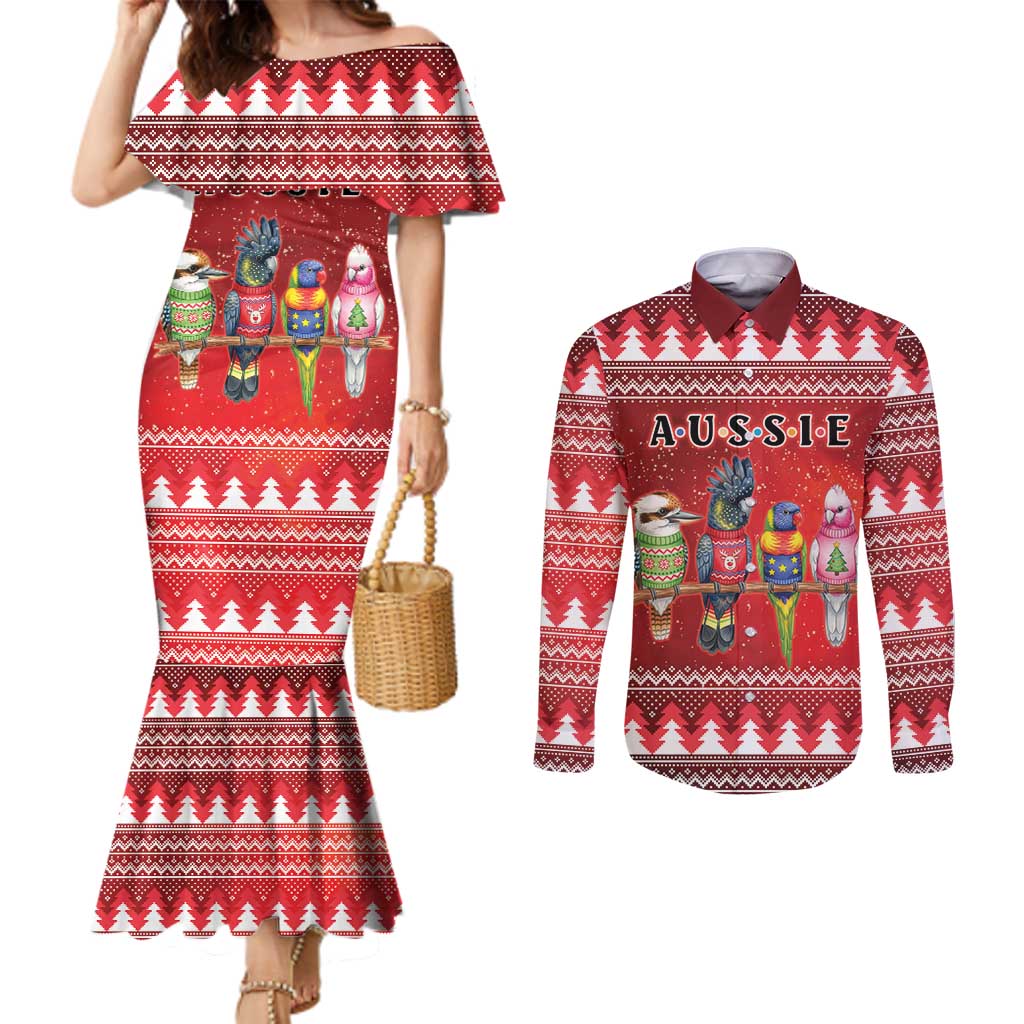 Australian Native Bird Couples Matching Mermaid Dress and Long Sleeve Button Shirt Kookaburra Black Cockatoo Rainbow Lorikeet Galah - Aussie Hoodie