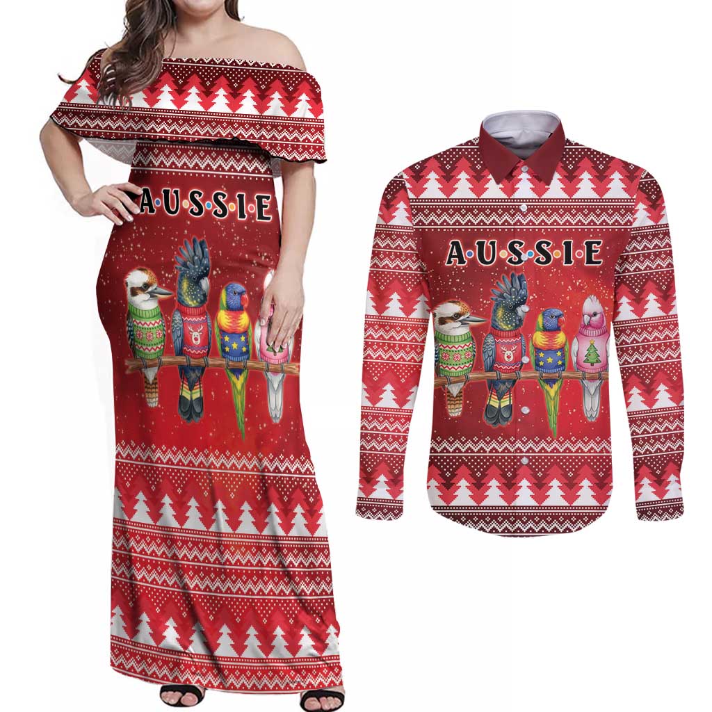 Australian Native Bird Couples Matching Off Shoulder Maxi Dress and Long Sleeve Button Shirt Kookaburra Black Cockatoo Rainbow Lorikeet Galah - Aussie Hoodie