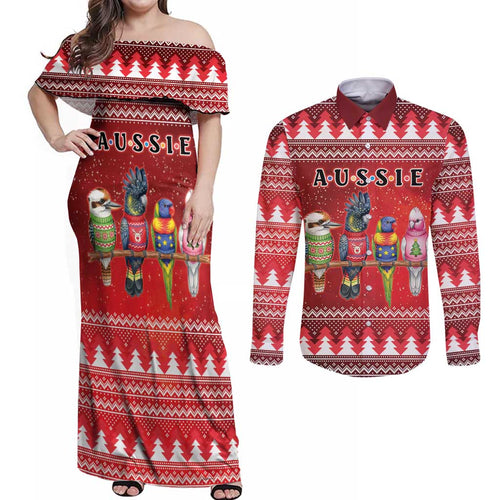 Australian Native Bird Couples Matching Off Shoulder Maxi Dress and Long Sleeve Button Shirt Kookaburra Black Cockatoo Rainbow Lorikeet Galah - Aussie Hoodie