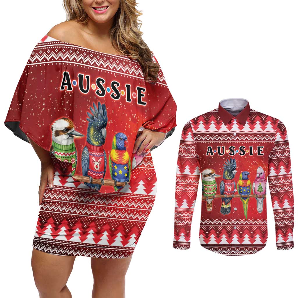 Australian Native Bird Couples Matching Off Shoulder Short Dress and Long Sleeve Button Shirt Kookaburra Black Cockatoo Rainbow Lorikeet Galah - Aussie Hoodie