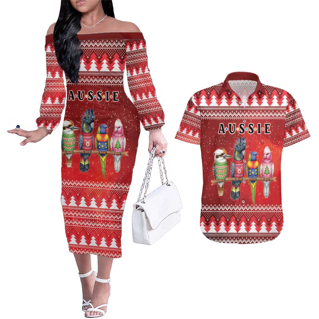 Australian Native Bird Couples Matching Off The Shoulder Long Sleeve Dress and Hawaiian Shirt Kookaburra Black Cockatoo Rainbow Lorikeet Galah - Aussie Hoodie