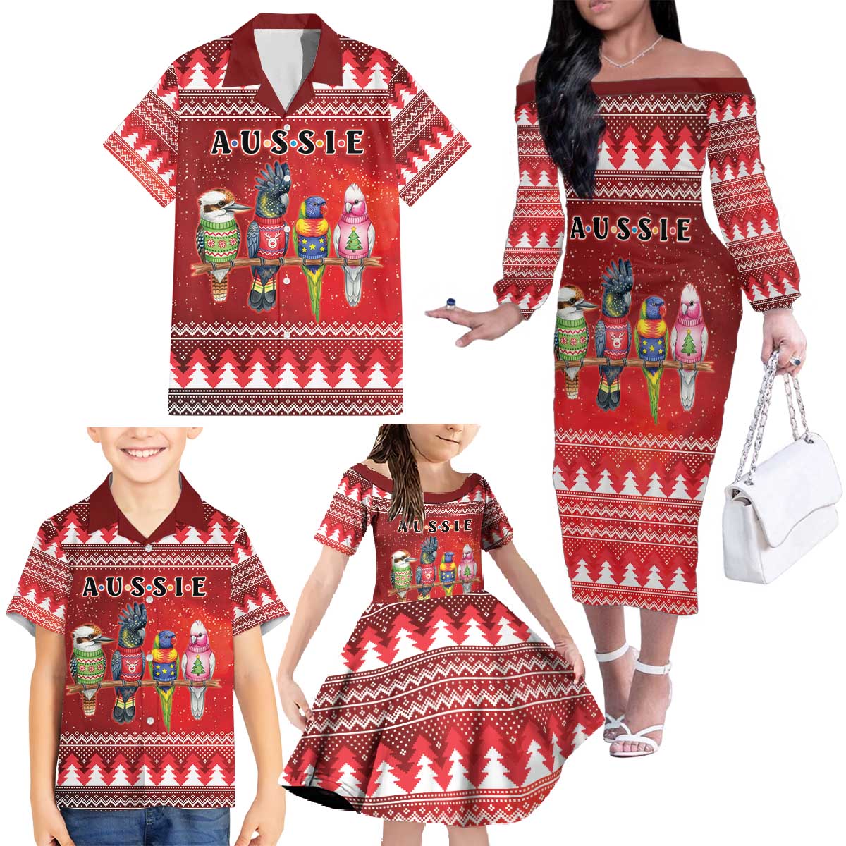 Australian Native Bird Family Matching Off The Shoulder Long Sleeve Dress and Hawaiian Shirt Kookaburra Black Cockatoo Rainbow Lorikeet Galah - Aussie Hoodie