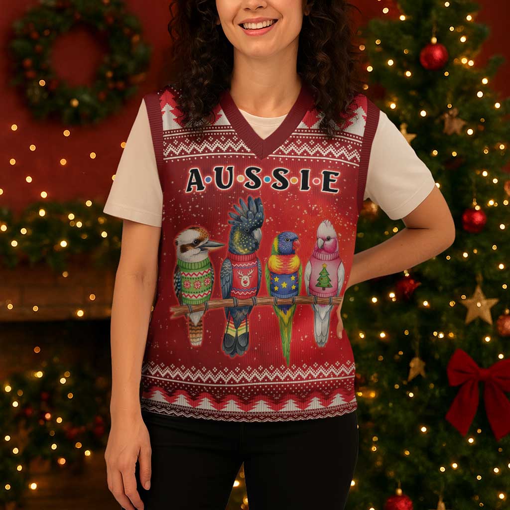 Australian Native Bird Christmas Knitted V-Neck Vest Kookaburra Black Cockatoo Rainbow Lorikeet Galah - Aussie Hoodie