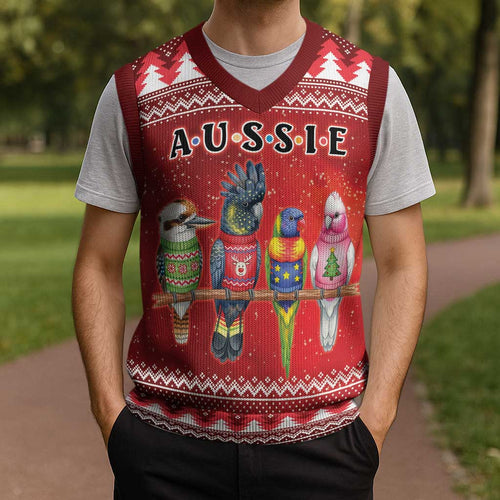 Australian Native Bird Christmas Knitted V-Neck Vest Kookaburra Black Cockatoo Rainbow Lorikeet Galah - Aussie Hoodie